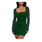 Yamamei Autumn And Winter Women's Black Sheer Mesh Long Sleeve Pleated Dress